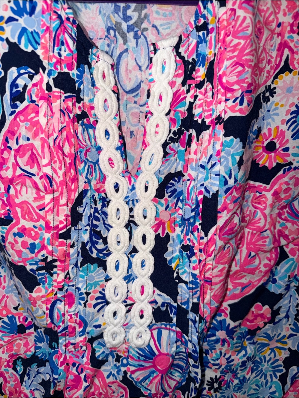 Lilly Pulitzer Hollie Tunic Top Flounce Sleeve Blooming Blue Pink Med MSRP $128 - Picture 4 of 10
